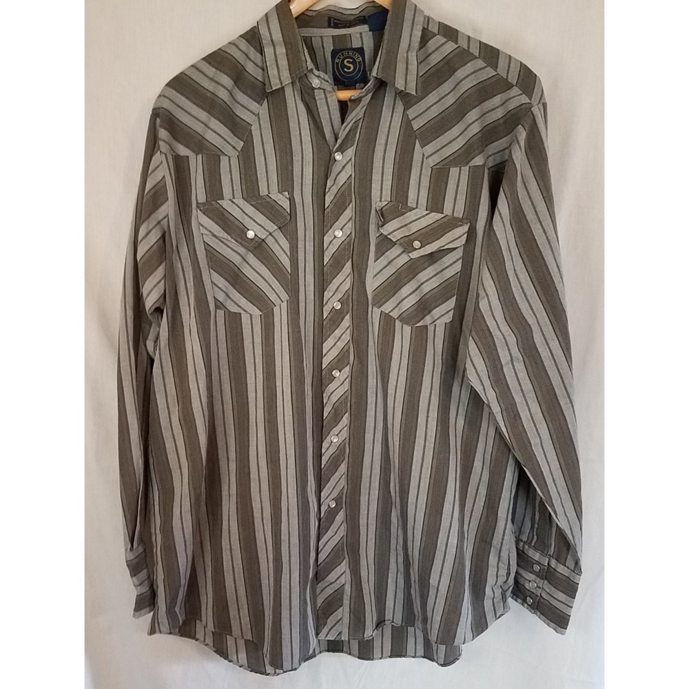 Running S Western Shirt Mens 16.5"‎ Green Stripe Long Sleeve Pearl Snap Vintage